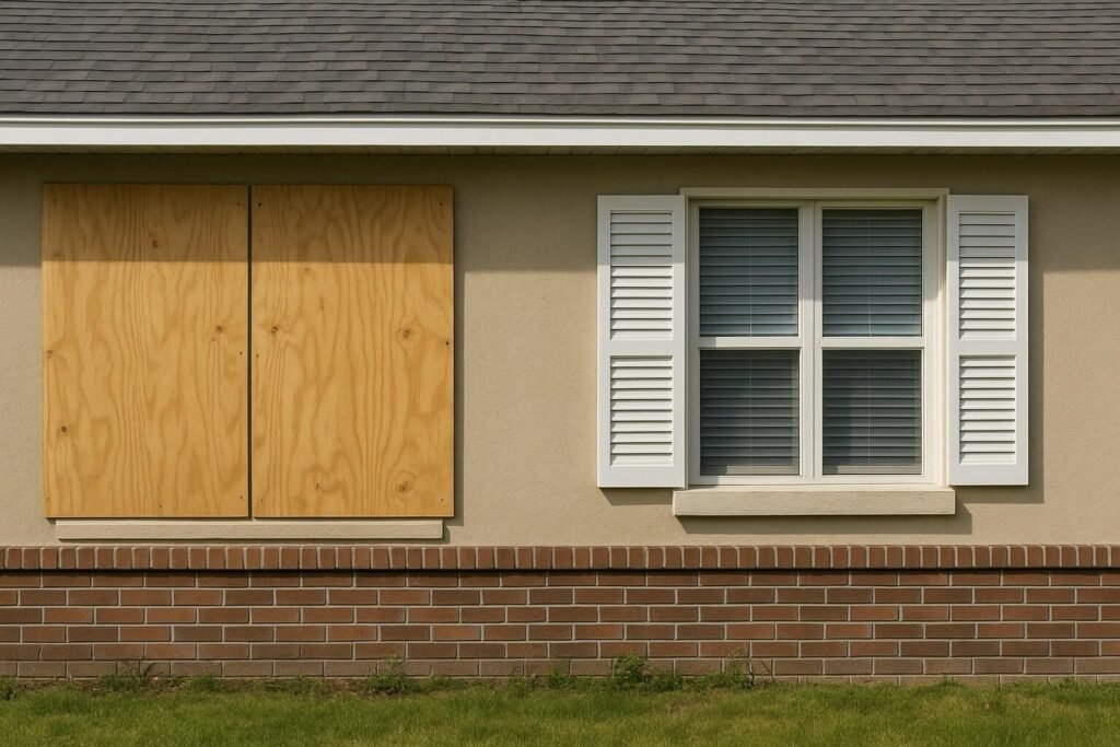 Contrasting Window Coverings on Suburban Home, window boards Hurricane Shutter Installation Costs
